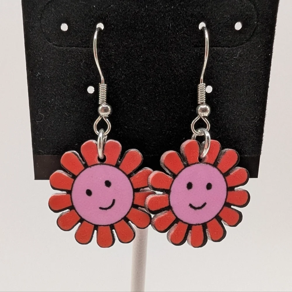 Handmade Smile Flower Hippie Pink Red Dangle Earrings 1.75" NEW - Picture 2 of 3